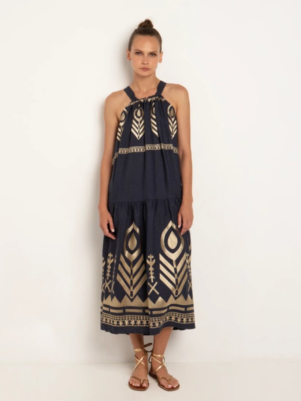 Greek Archaic Kori Feather Midi Halter Dress- M